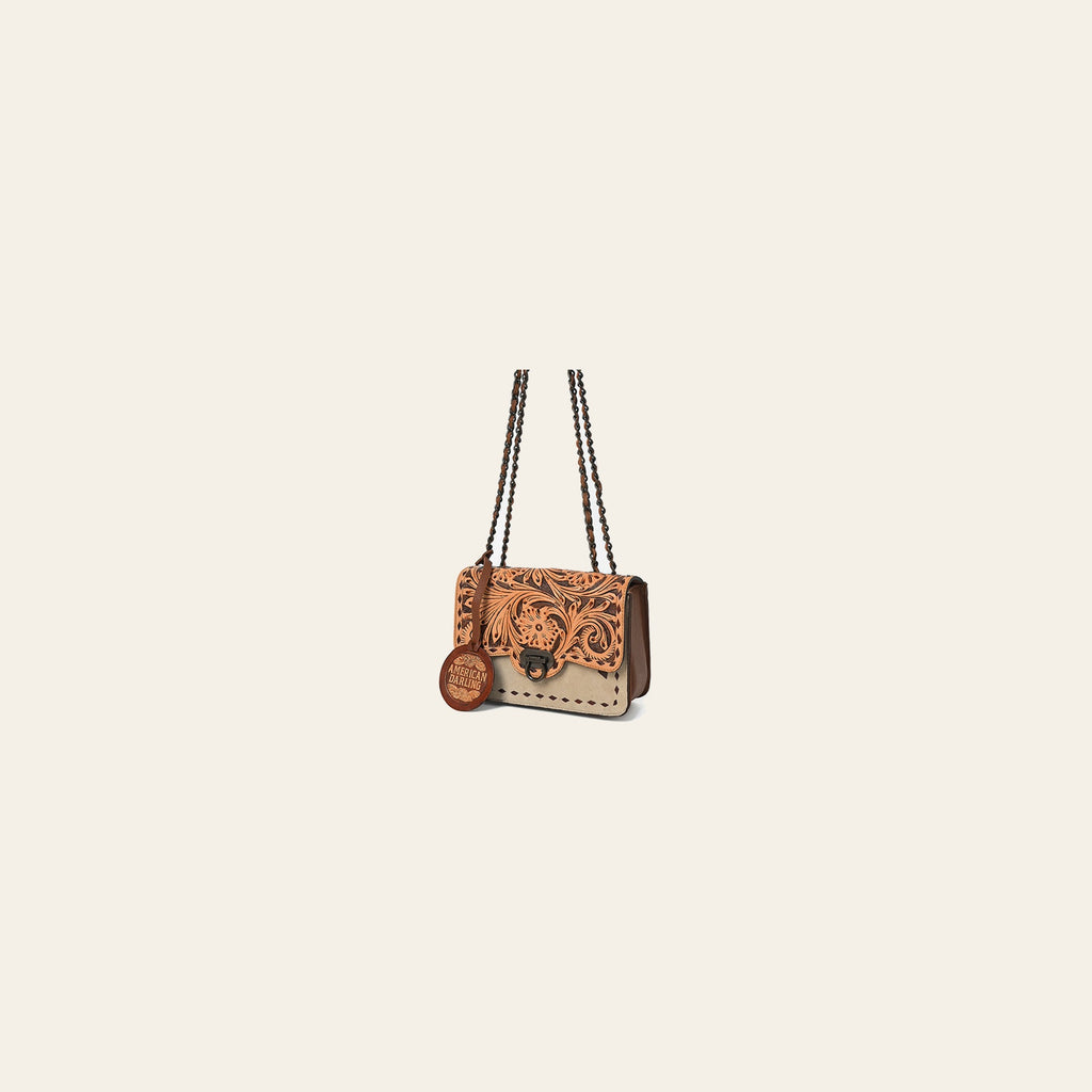 American Darling Cross Body Bag Hand Tooled Floral Carved Buck Stitched Genuine Suede Leather Western Purse