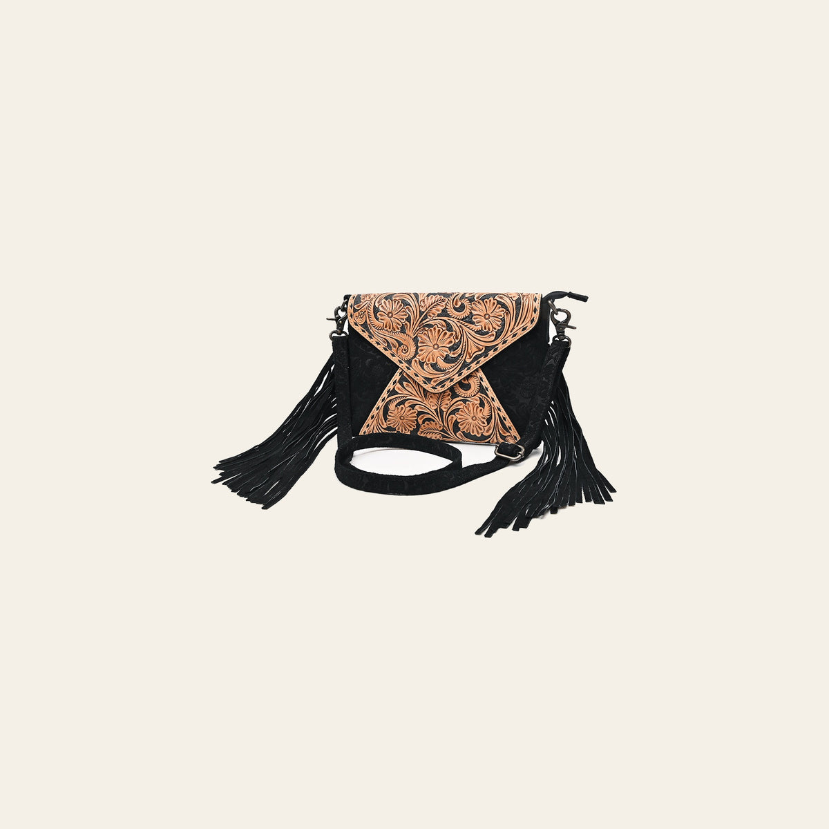 American Darling Envelop Bag Hand Tooled Floral Carved Damascus Genuine Leather Western Crossbody with Fringes