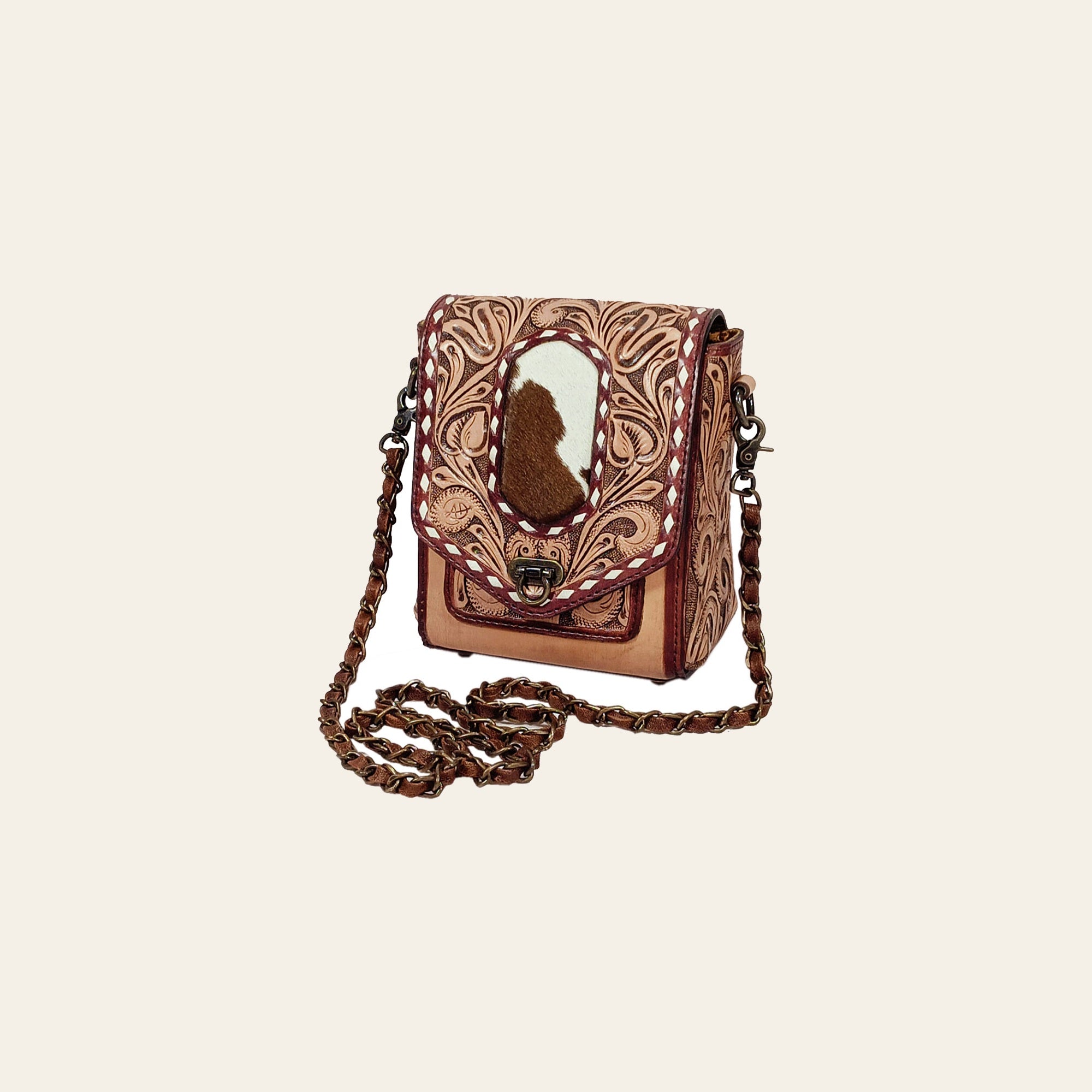 American Darling Cross body Bag Hand Tooled Floral Carved Hair-On Cowhide Genuine Leather Western Purse