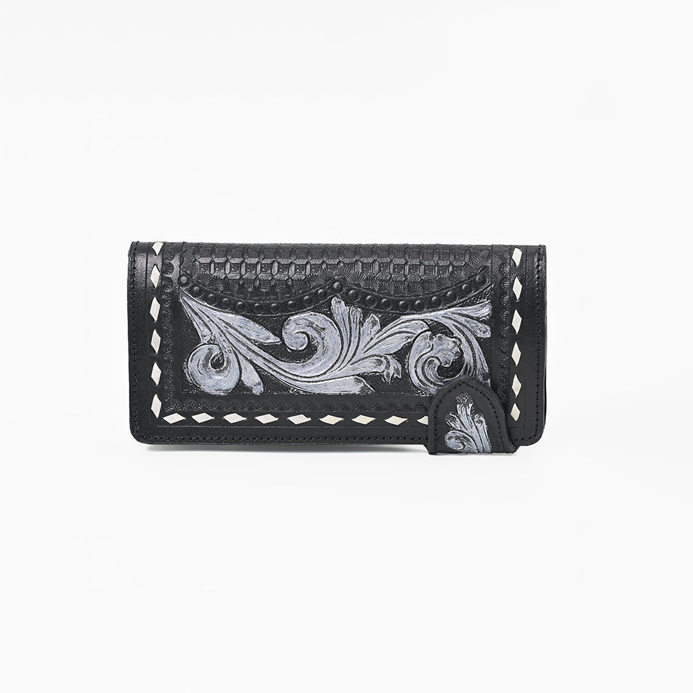 American Darling Women's Genuine Leather Black Floral Tooled Western Checkbook Wallet