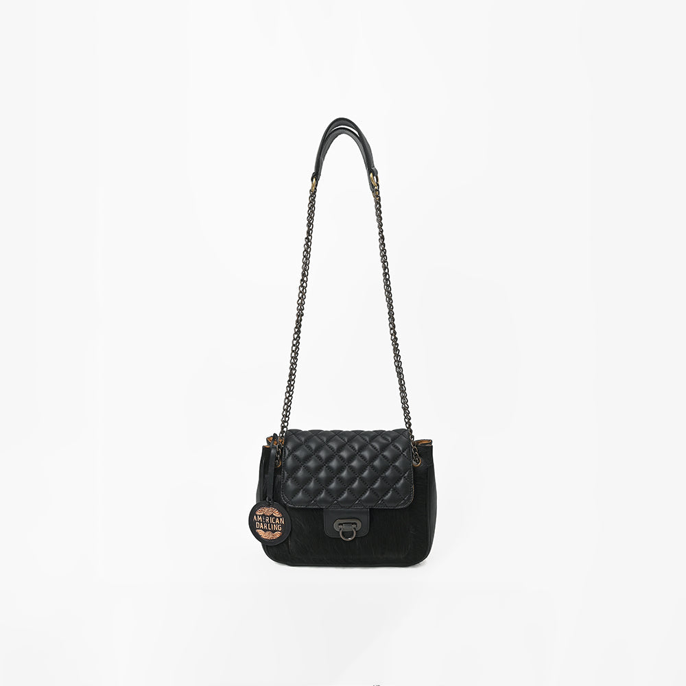 American Darling Women's Premium Black Quilted Leather Hair-On CowhideCrossbody Shoulder Handbag