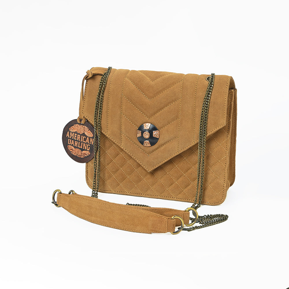 American Darling Western Suede Crossbody Bag for Women – Quilted Tan Leather Purse with Chain Strap