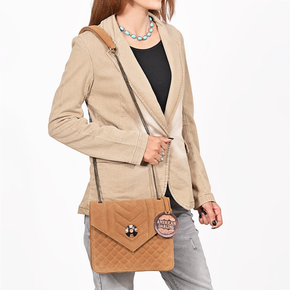 American Darling Western Suede Crossbody Bag for Women – Quilted Tan Leather Purse with Chain Strap