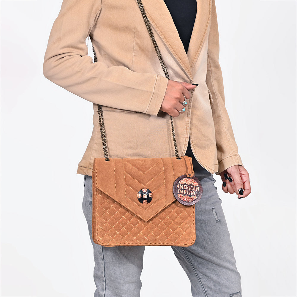 American Darling Western Suede Crossbody Bag for Women – Quilted Tan Leather Purse with Chain Strap