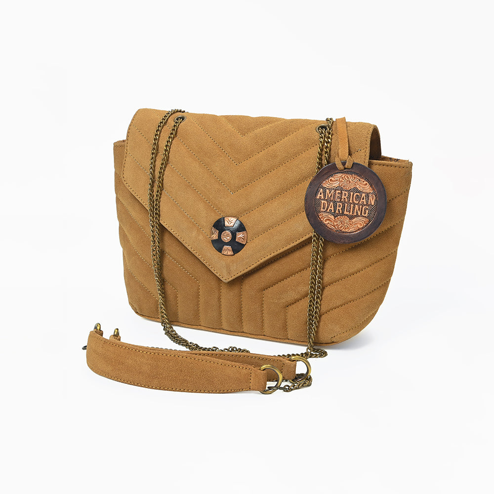American Darling Western Suede Crossbody Bag for Women – Quilted Tan Leather Purse with Chain Strap