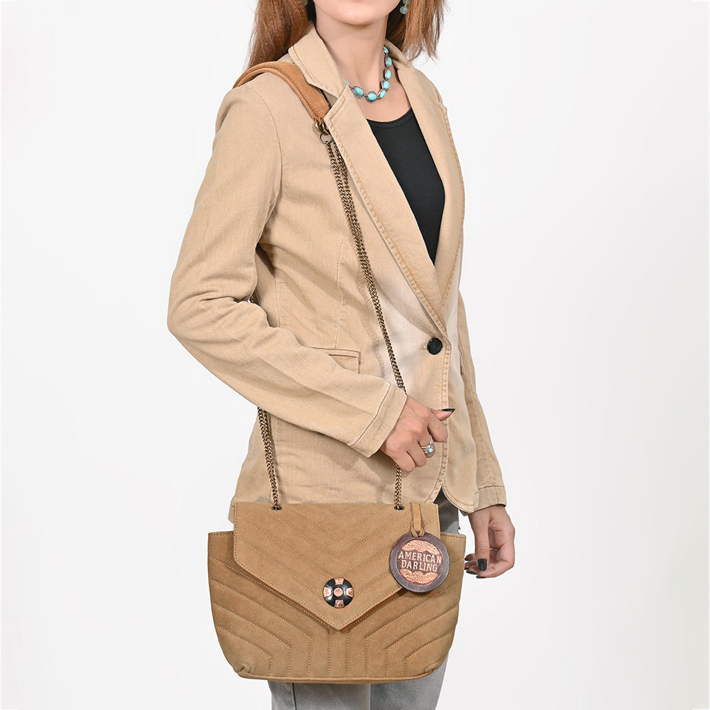American Darling Western Suede Crossbody Bag for Women – Quilted Tan Leather Purse with Chain Strap
