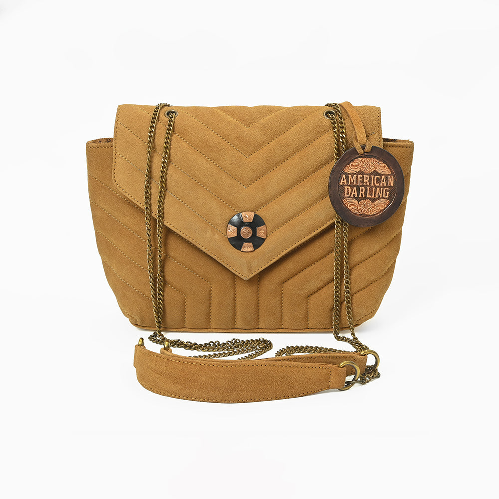 American Darling Western Suede Crossbody Bag for Women – Quilted Tan Leather Purse with Chain Strap