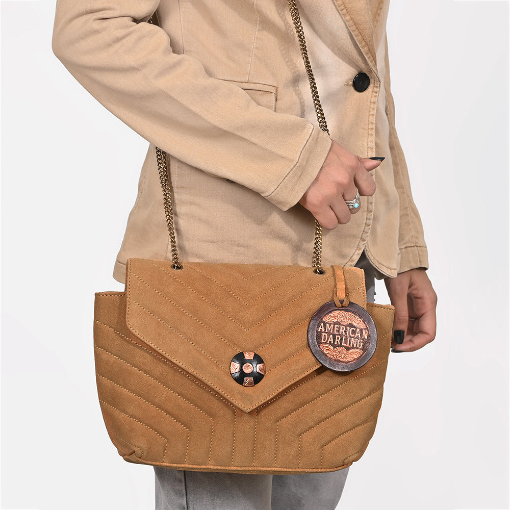 American Darling Western Suede Crossbody Bag for Women – Quilted Tan Leather Purse with Chain Strap
