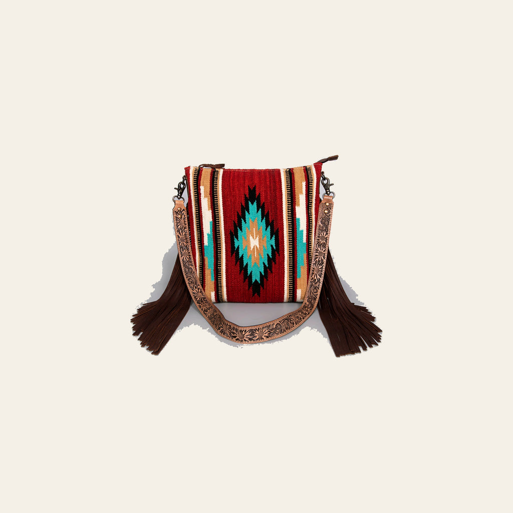 American Darling Large Cross body Bag - Western Genuine Leather Hand Tooled Floral Purse with Woven Saddle Blanket & Fringe