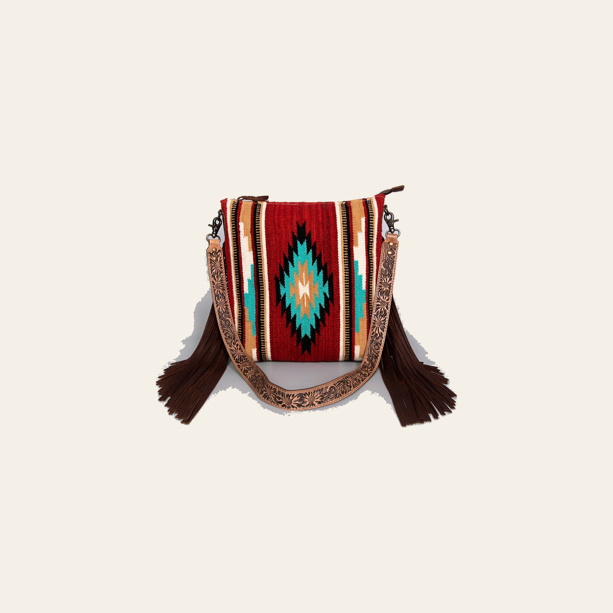 American Darling Large Cross body Bag - Western Genuine Leather Hand Tooled Floral Purse with Woven Saddle Blanket & Fringe