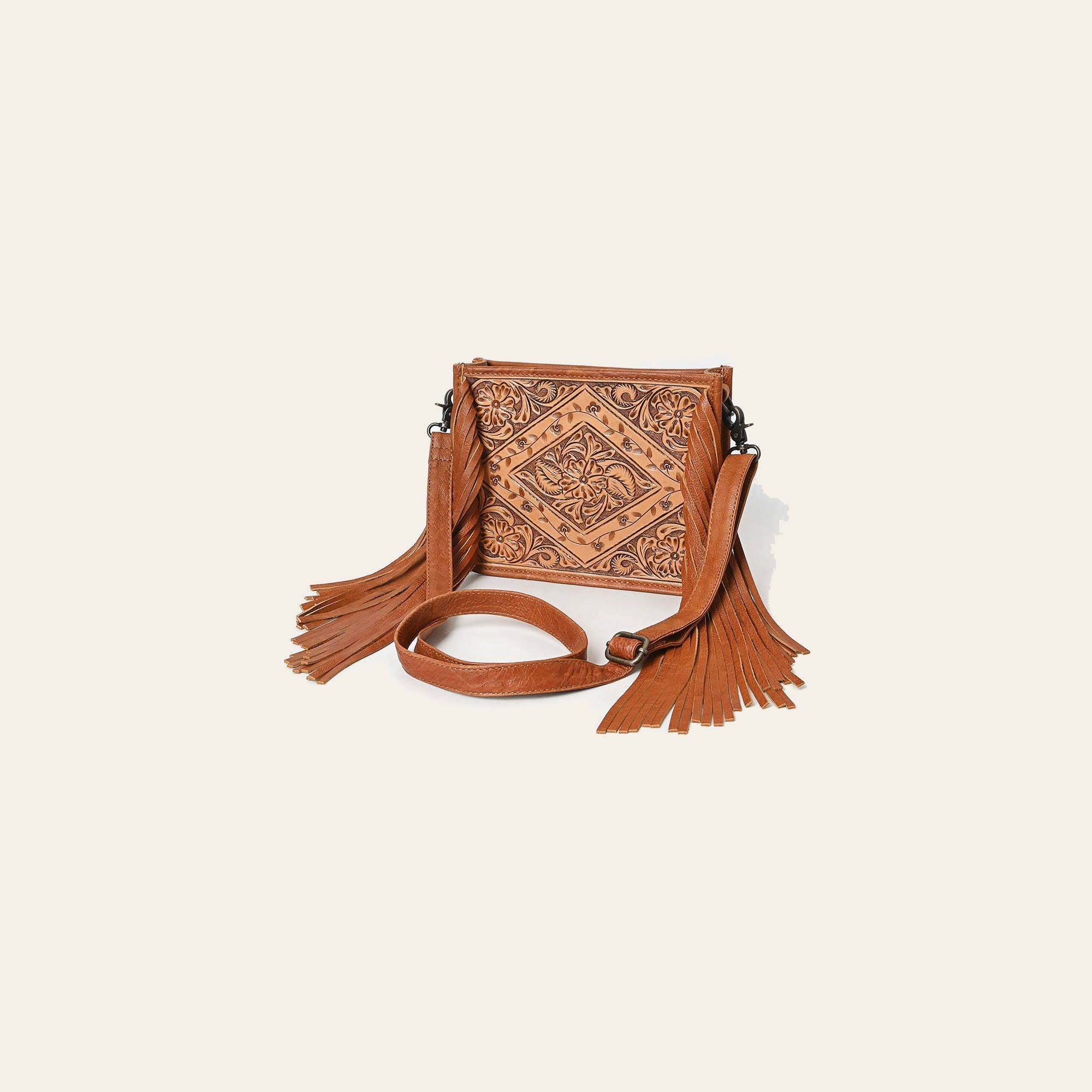 American Darling Cross Body Bag, Hand Tooled Floral Leather, Genuine Vegetable-Tanned Full Grain Leather Purse with Fringes