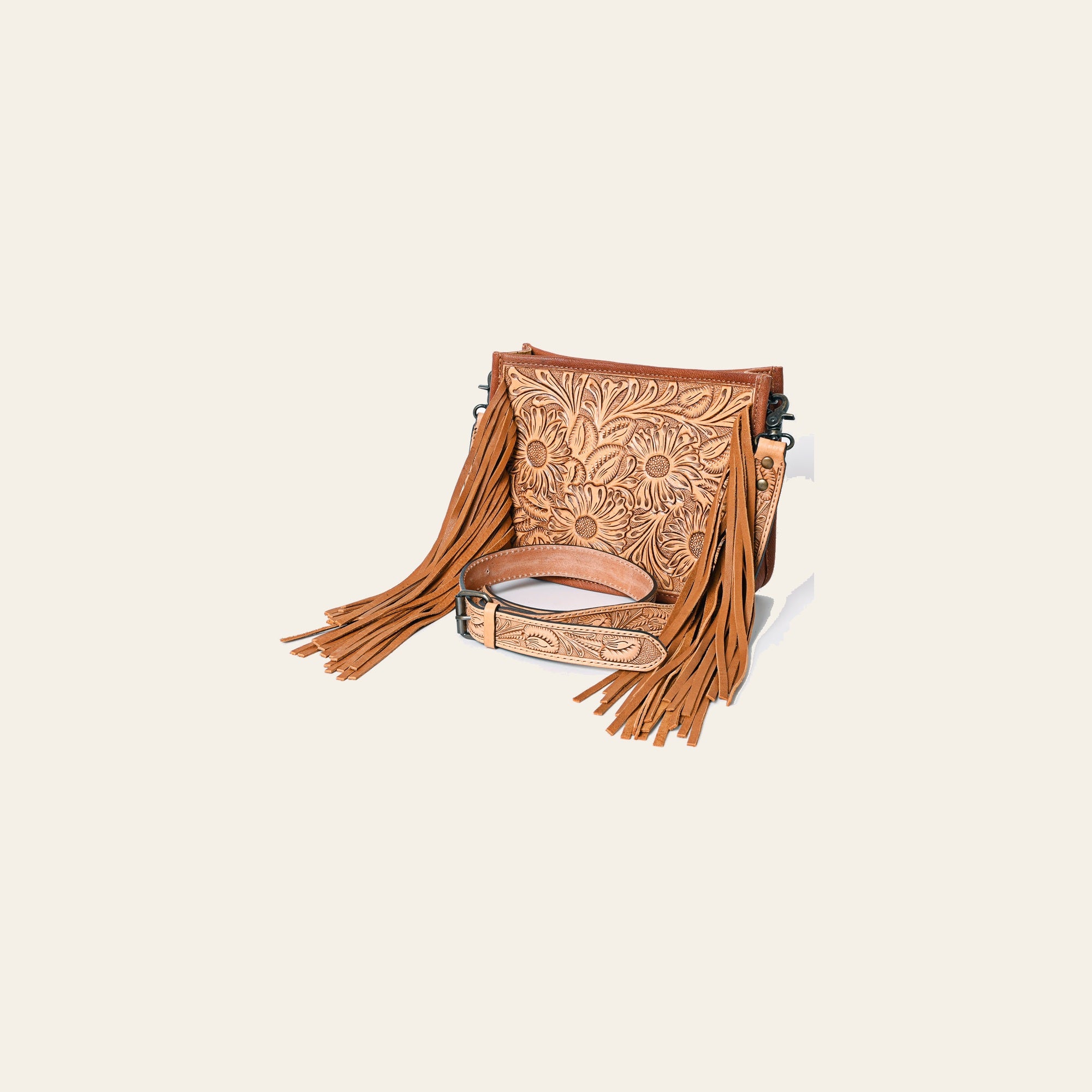 American Darling Messenger Bag Handcrafted from Hand Tooled Floral Carved Genuine Leather with Fringes and YKK Zipper