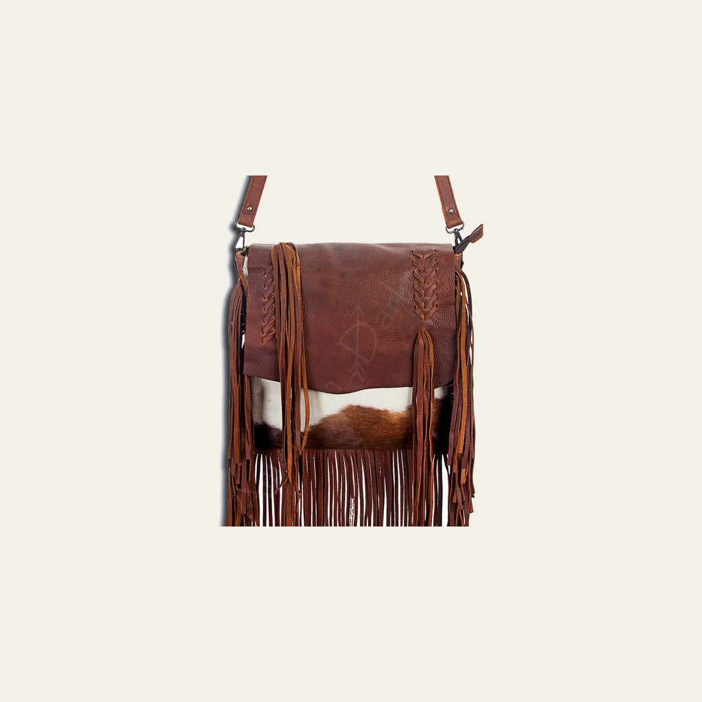 American Darling Messenger Bag Handcrafted from Hair-On Cowhide & Genuine Leather with Fringes, Braided Trim and YKK Zipper