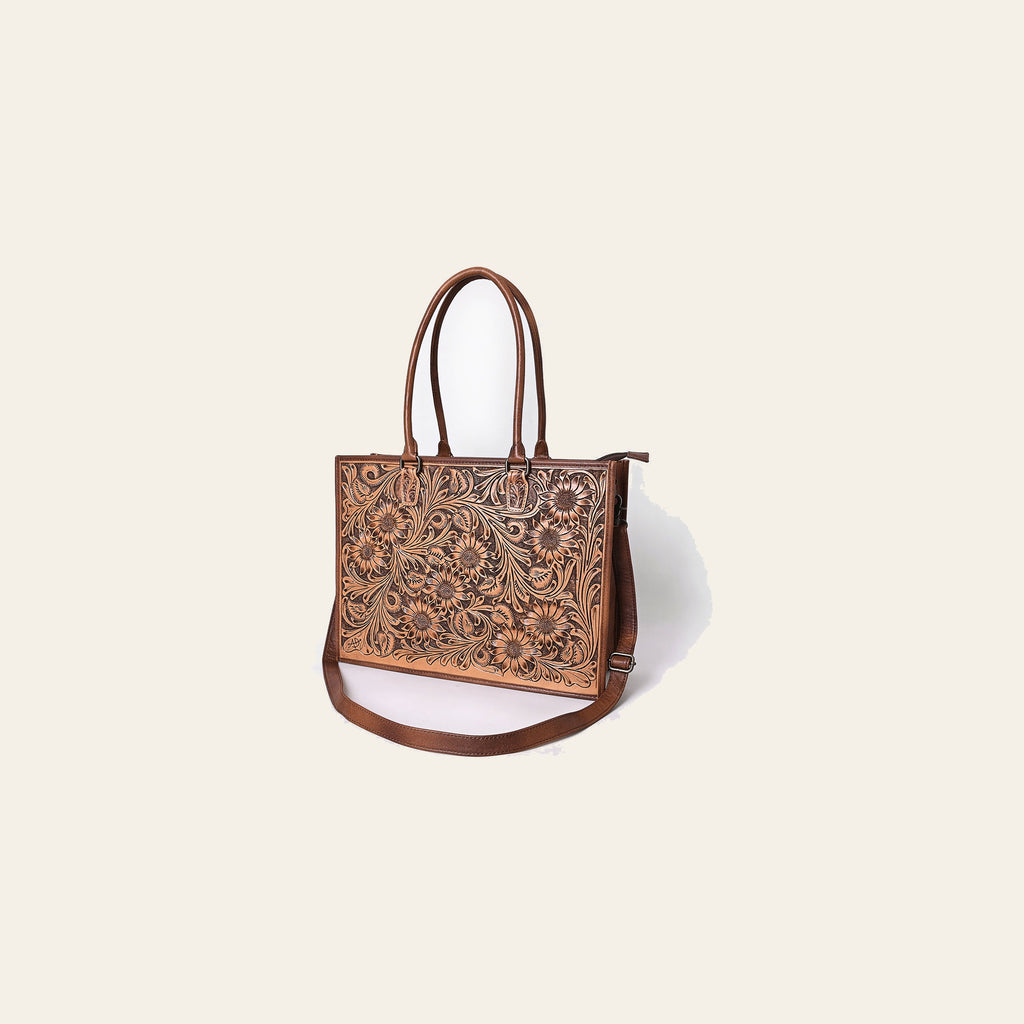 American Darling Tote Bag Handcrafted from Hand Tooled Floral Carved Genuine Leather with YKK Zipper and Large Capacity