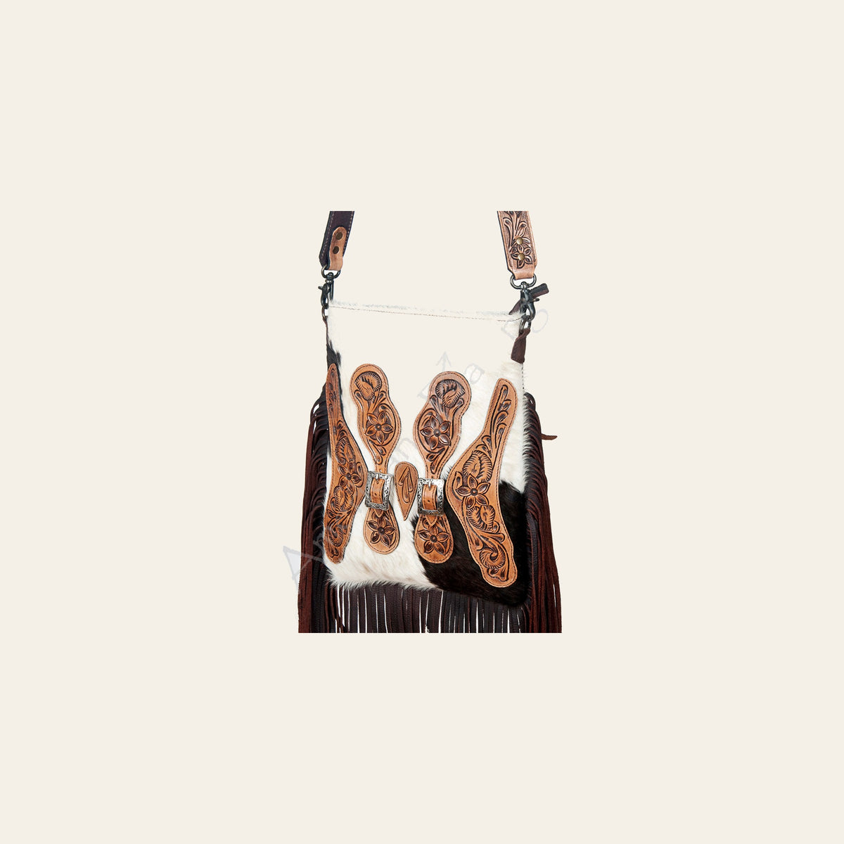 American Darling Large Cross body Bag Handcrafted from Hand Tooled Floral Leather & Hair-On Cowhide with Fringes and YKK Zipper