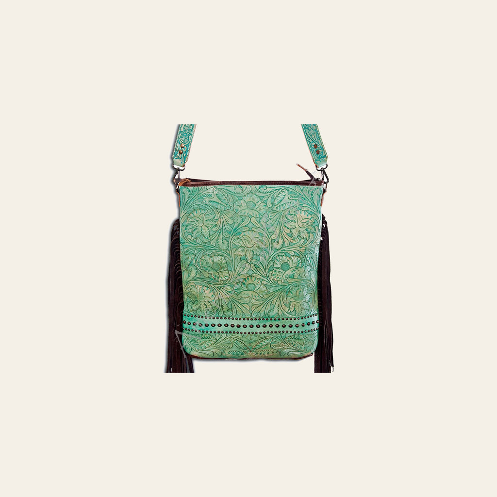 American Darling Large Cross body Bag Handcrafted from Hand Tooled Floral Leather with Rivets Embossed Detail and Fringes