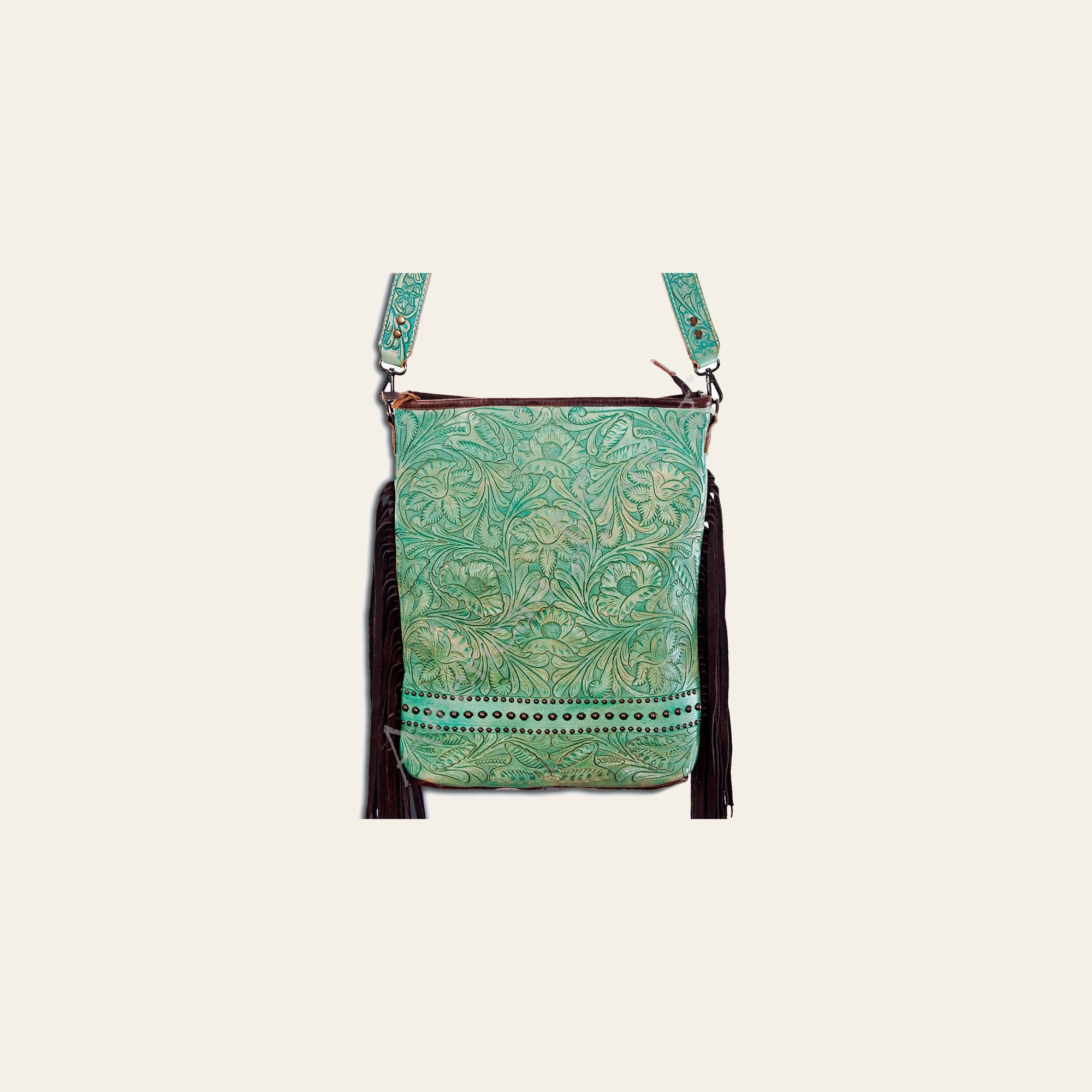American Darling Large Cross body Bag Handcrafted from Hand Tooled Floral Leather with Rivets Embossed Detail and Fringes