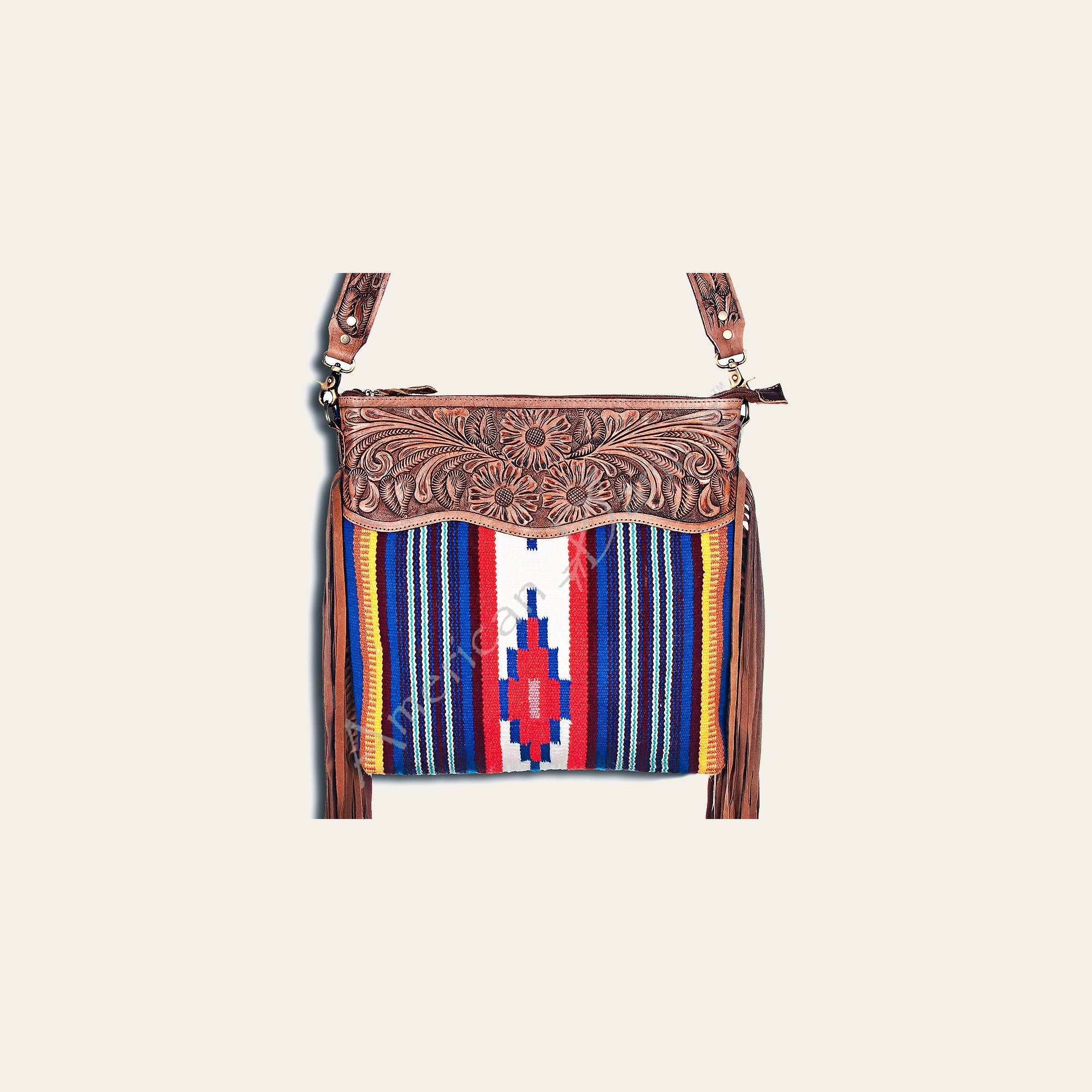 American Darling Signature Cross body Bag Handcrafted from Hand Tooled Floral Leather & Woven Saddle Blanket with Fringes