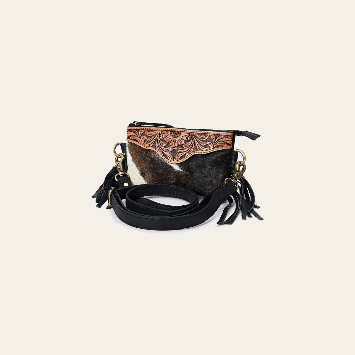 American Darling Small Cross body Bag Handcrafted from Hand Tooled Floral Leather & Hair-On Cowhide with Fringes and YKK Zipper