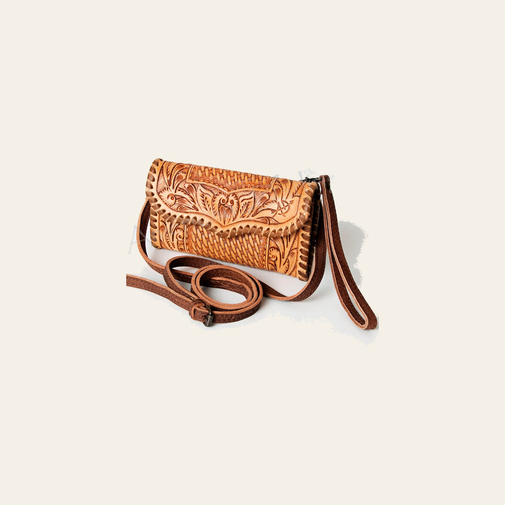 American Darling Wallet Bag Handcrafted from Hand Tooled Floral Leather & Basket weave with Wristlet and YKK Zipper