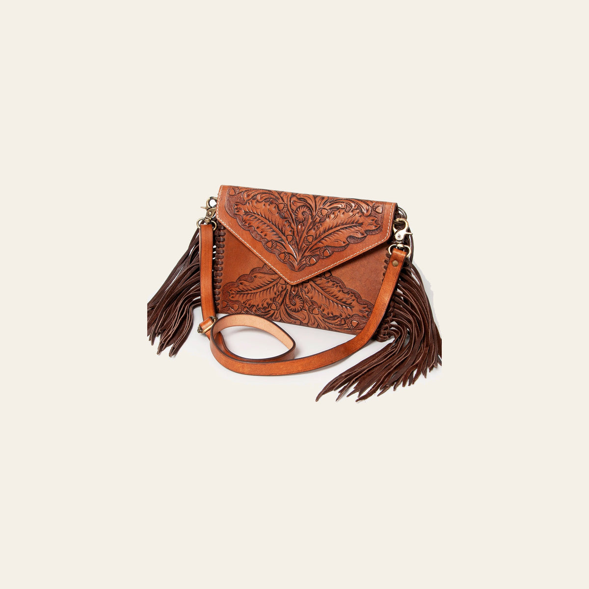 American Darling Envelope Bag Handcrafted from Hand Tooled Floral Genuine Leather with Braided Edges, Fringes, and YKK Zipper