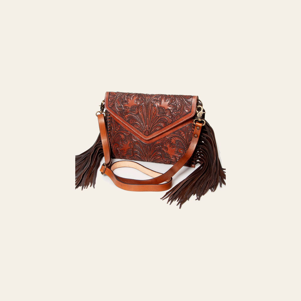 American Darling Envelope Bag Handcrafted from Hand Tooled Floral Genuine Leather with Fringes and YKK Zipper