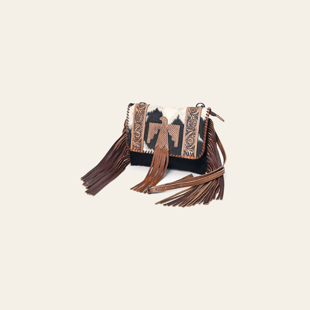 American Darling Envelop Bag Hand Tooled Floral Carved Hair-On Cowhide Leather Crossbody with Fringes and YKK Zipper