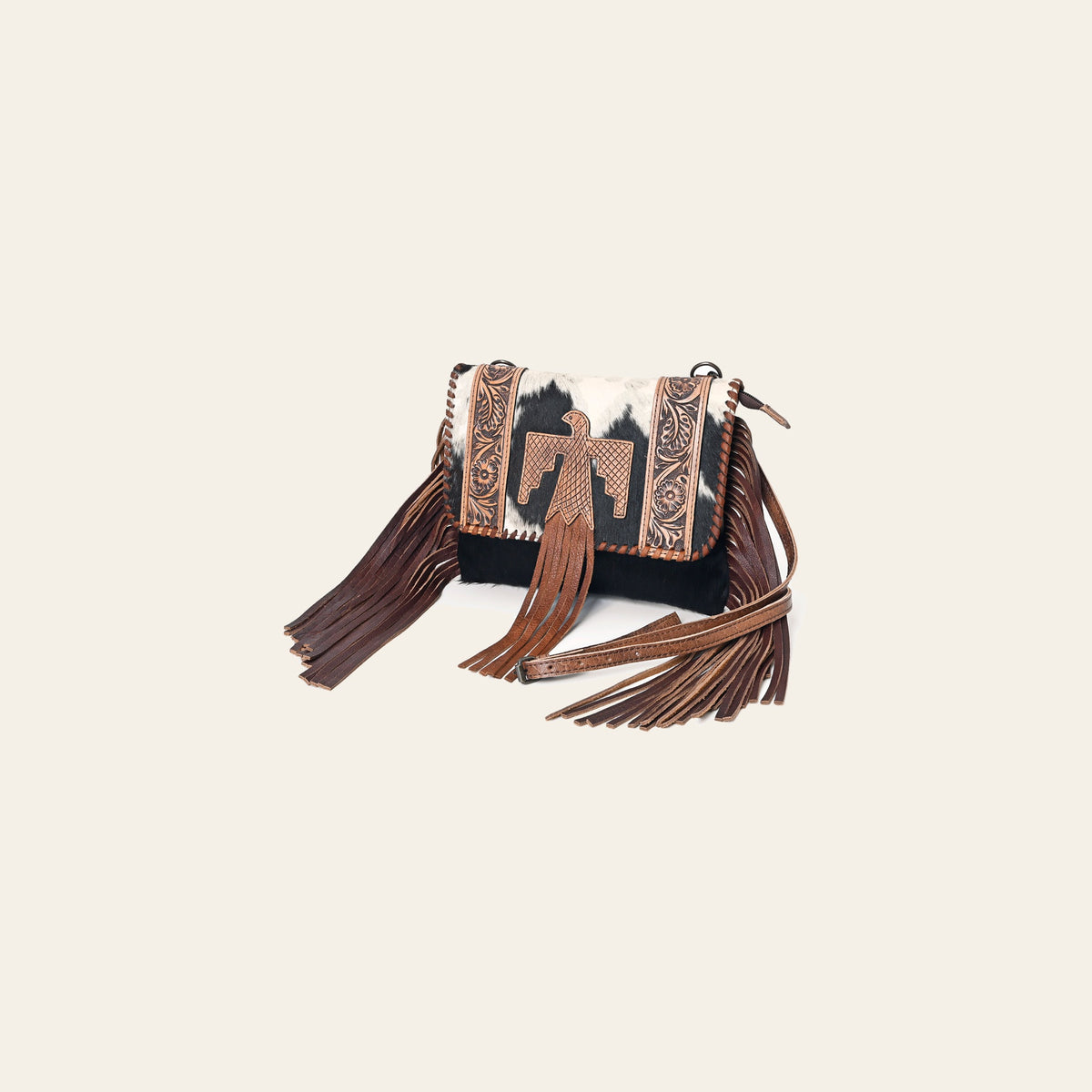 American Darling Envelop Bag Hand Tooled Floral Carved Hair-On Cowhide Leather Crossbody with Fringes and YKK Zipper