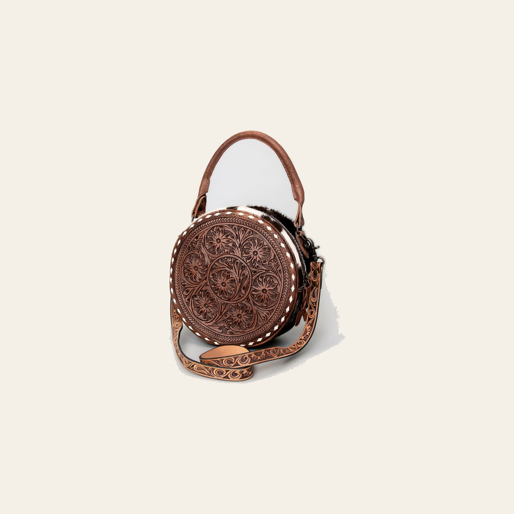 American Darling Canteen Bag Hand Tooled Floral Carved Leather Hair-On Cowhide Buckstitched Vegetable Tanned Genuine Leather