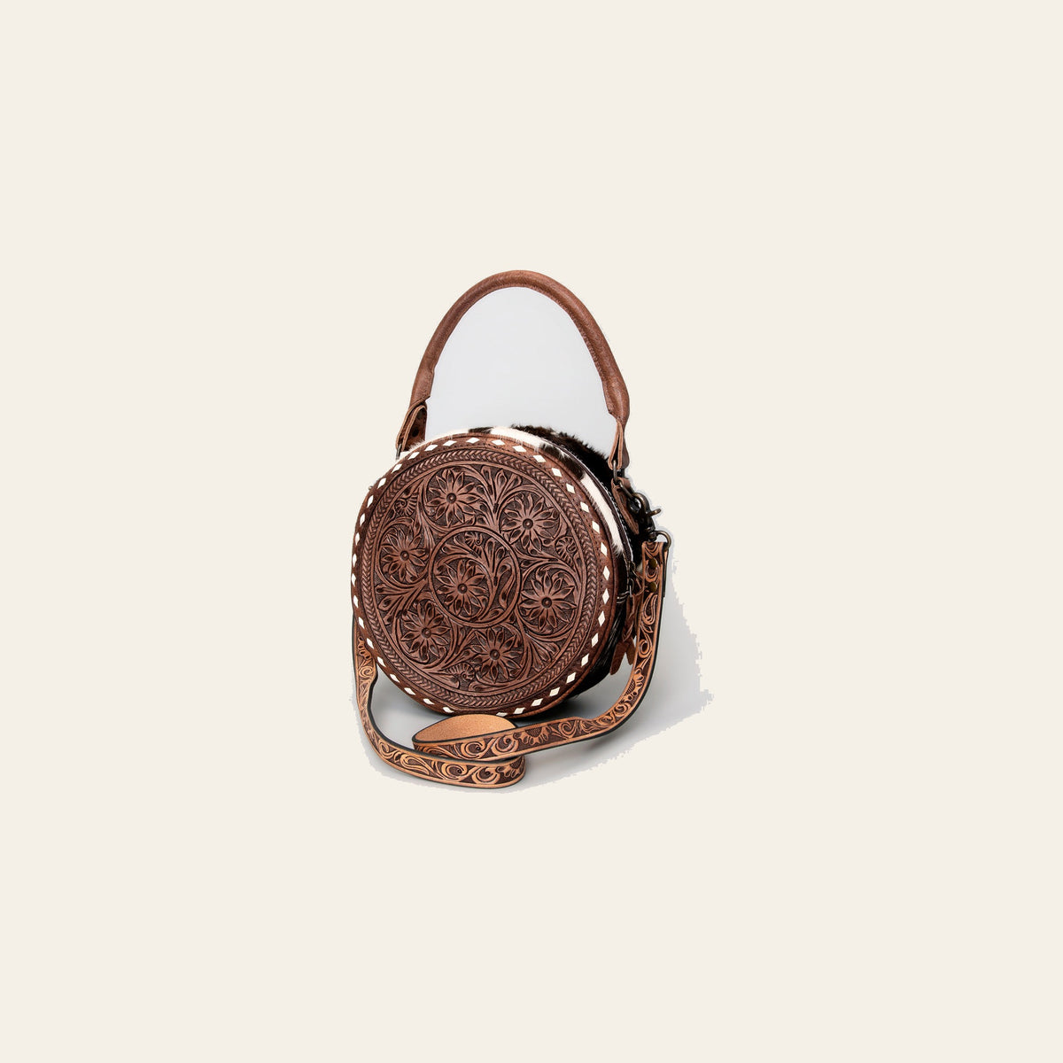 American Darling Canteen Bag Hand Tooled Floral Carved Leather Hair-On Cowhide Buckstitched Vegetable Tanned Genuine Leather