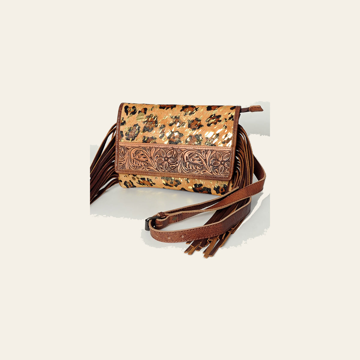 American Darling Small Cross Body Bag, Hand Tooled Floral Carved Leather with Hair-On Cowhide and Fringes, Genuine Leather