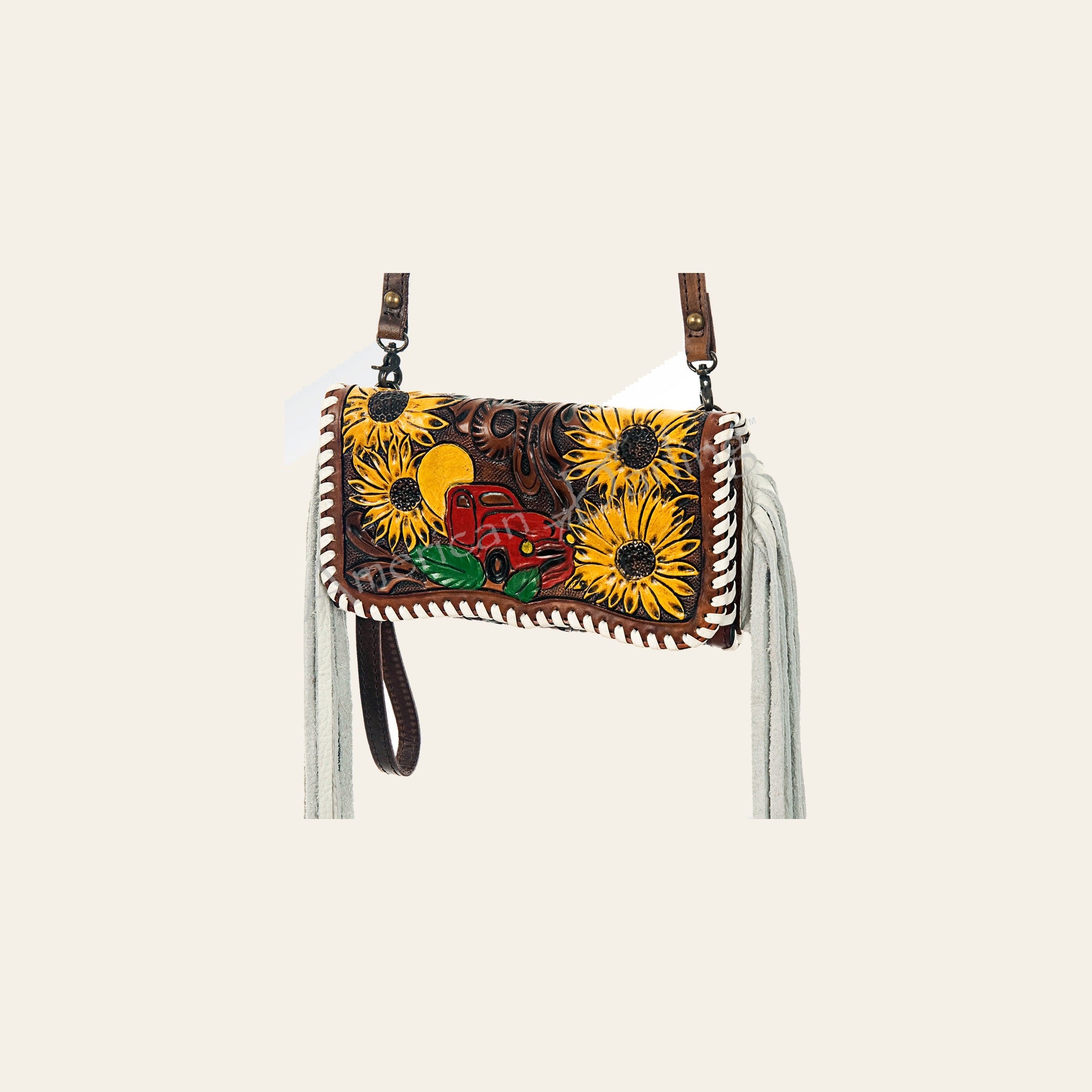 American Darling Organiser Bag Hand Tooled Floral Carved Vegetable Tanned Leather Purse Fringes with YKK Zipper