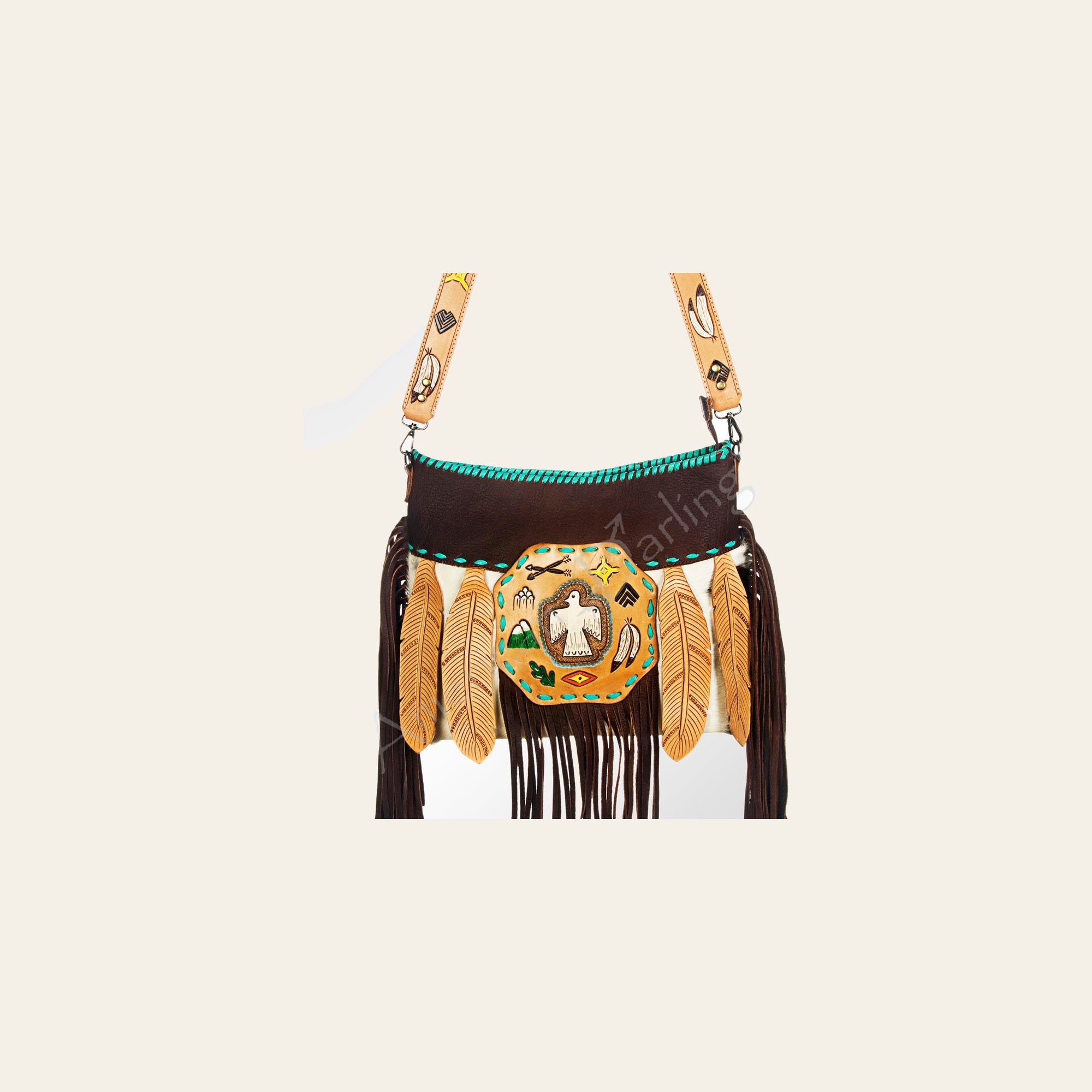 American Darling Tote Bag Hand Tooled Buck stitched Hair-On Cowhide Genuine Leather Handbag Fringes with YKK Zipper