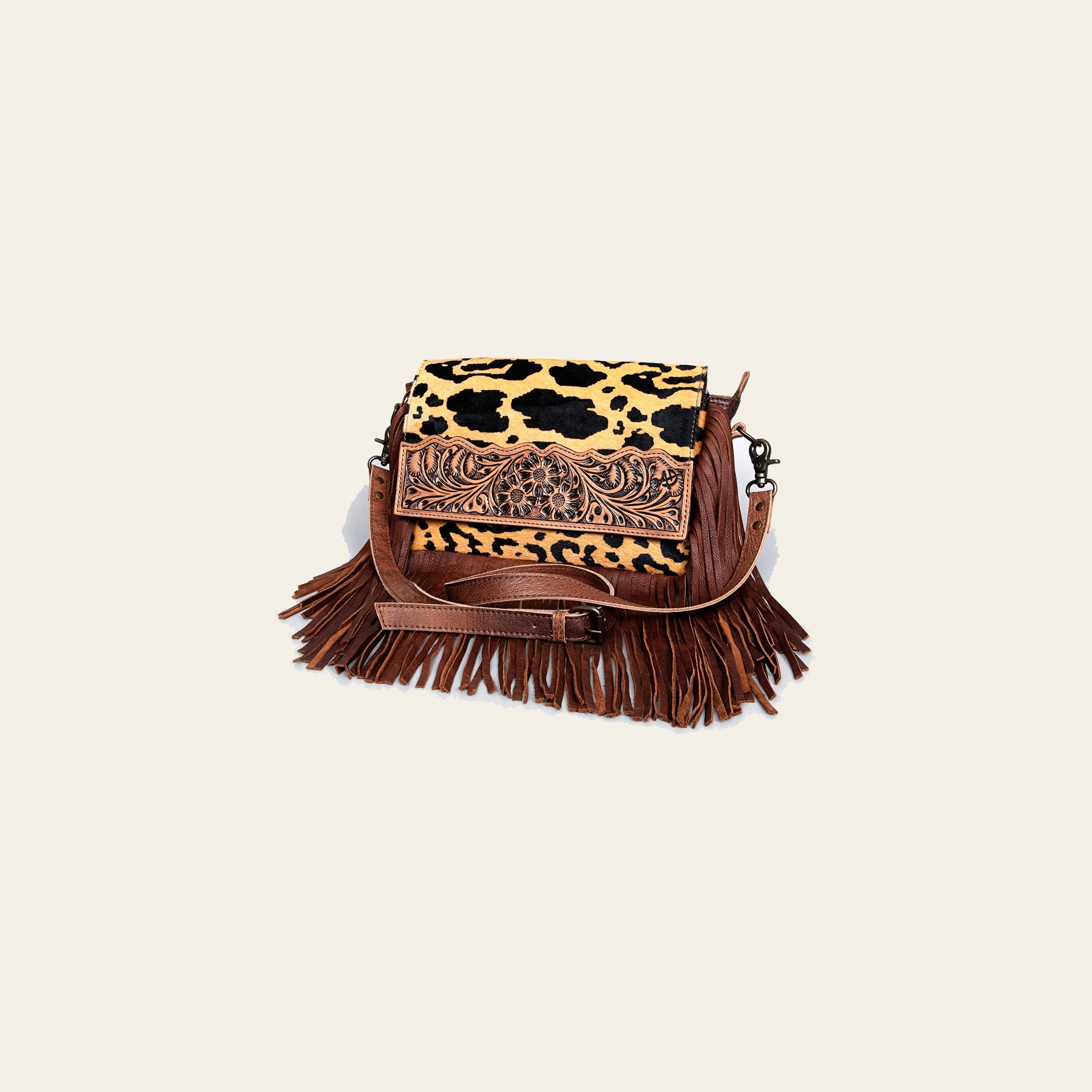 American Darling Small Cross body Bag Hand Tooled Floral Hair-On Cowhide Genuine Leather Fringed Purse with YKK Zipper