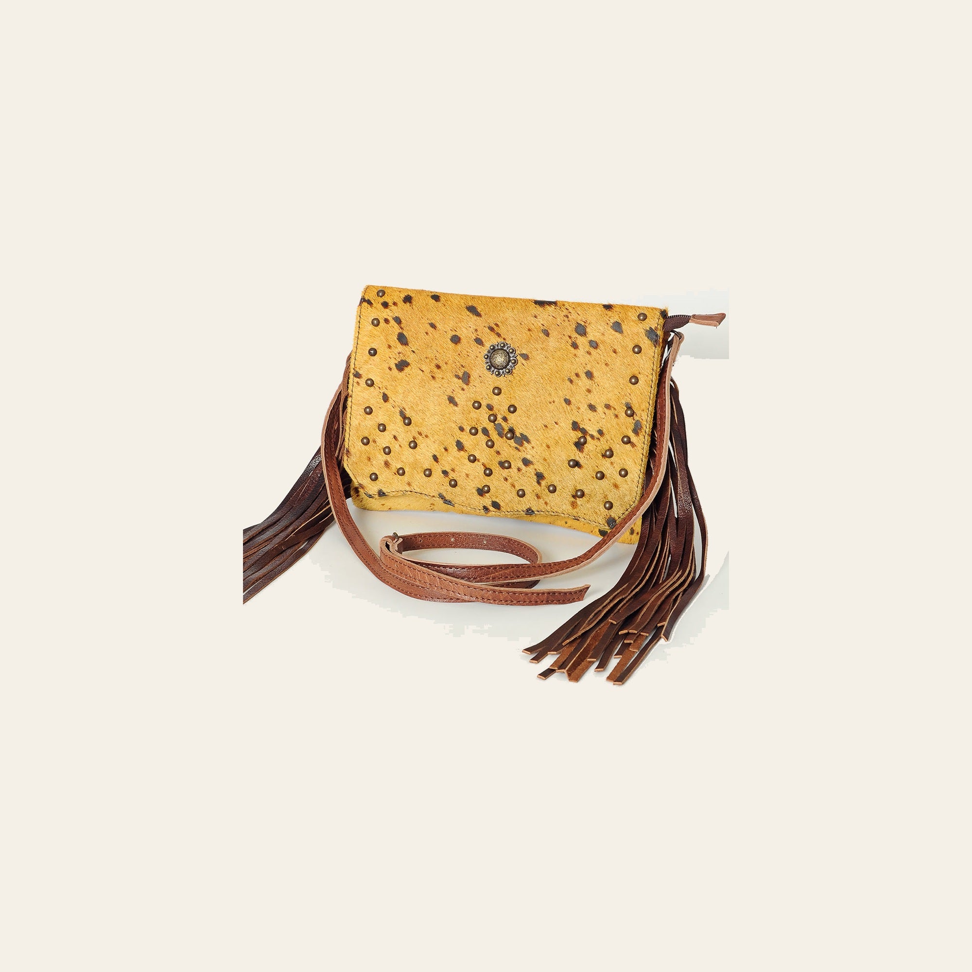 American Darling Small Cross body Bag Rivetted Concho Hair-On Cowhide Genuine Leather Purse Fringes with YKK Zipper