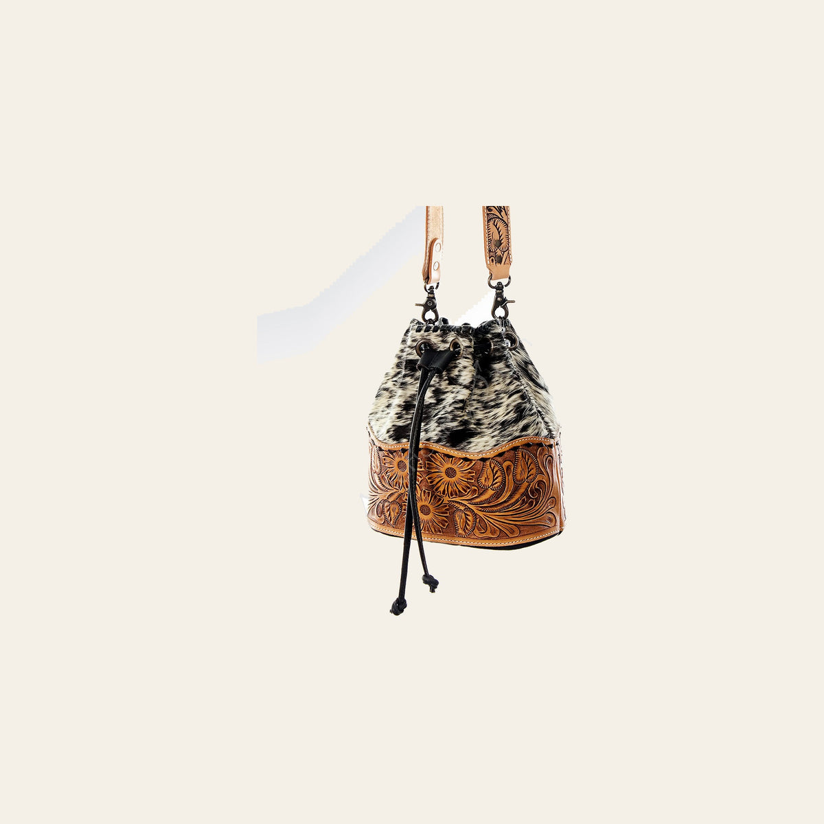 American Darling Bucket Bag Hand Tooled Floral Carved Hair-On Cowhide Genuine Leather Purse Tassels with YKK Zipper