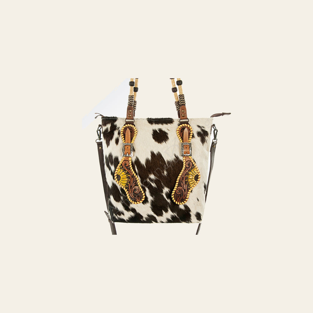 American Darling Tote Bag Hand Tooled Floral Carved Hair-On Cowhide Genuine Leather Shoulder Purse with YKK Zipper