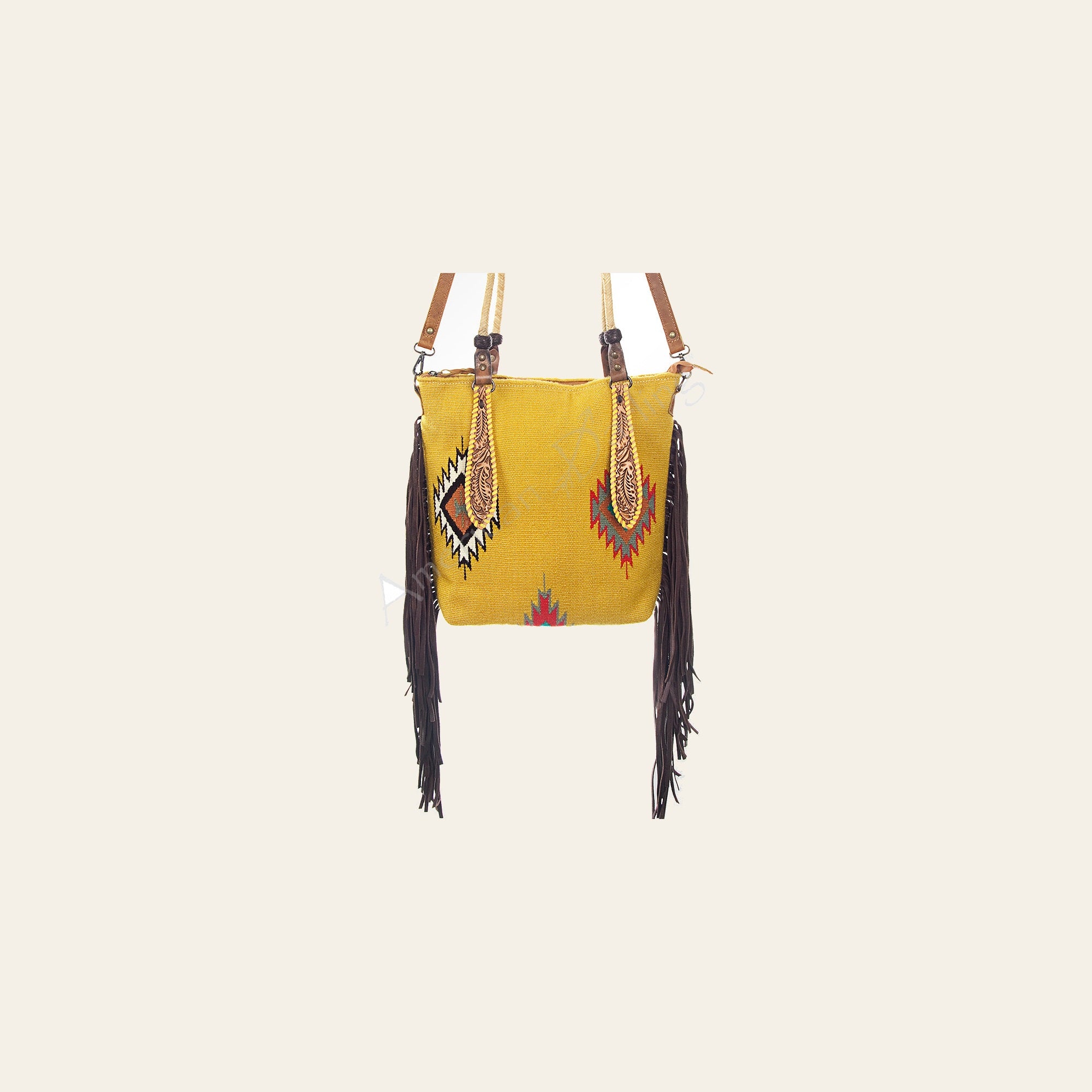American Darling Tote Bag Hand Tooled Saddle Blanket Leather Handbag Fringes Braided YKK Zipper