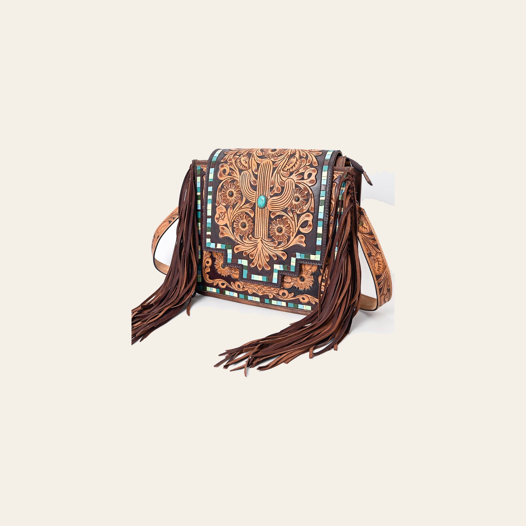 American Darling Messenger Bag Hand Tooled Floral Carved Genuine Leather Western Purse with Fringes and YKK Zipper