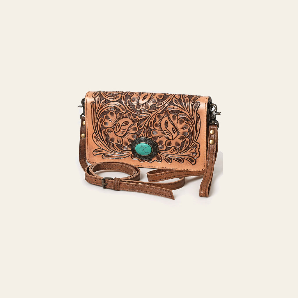 American Darling Organiser Bag Hand Tooled Floral Carved Genuine Leather Western Wallet with Concho and YKK Zipper