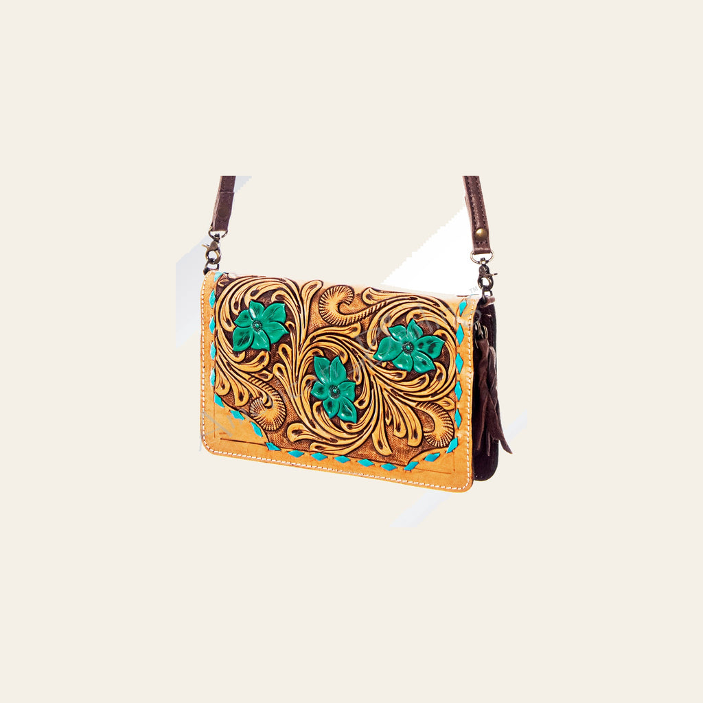 American Darling Organiser Bag Hand Tooled Floral Carved Genuine Leather Western Wallet Buck Stitched with YKK Zipper