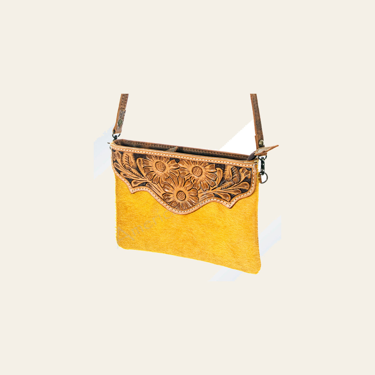 American Darling Wallet Bag Hand Tooled Floral Carved Hair-On Cowhide Genuine Leather Purse with YKK Zipper