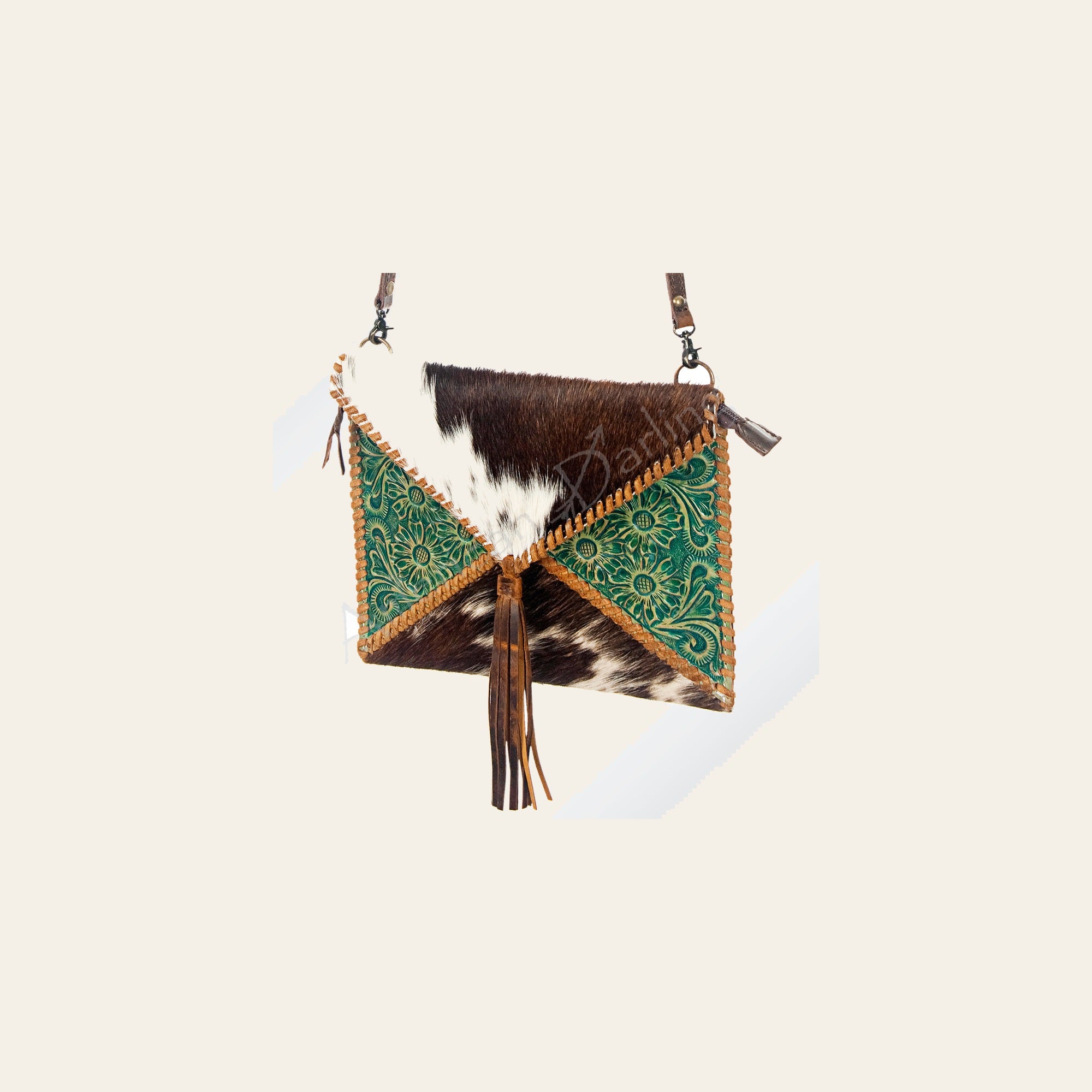 American Darling Envelop Bag Hand Tooled Floral Carved Hair-On Cowhide Genuine Leather Purse Fringes with YKK Zipper