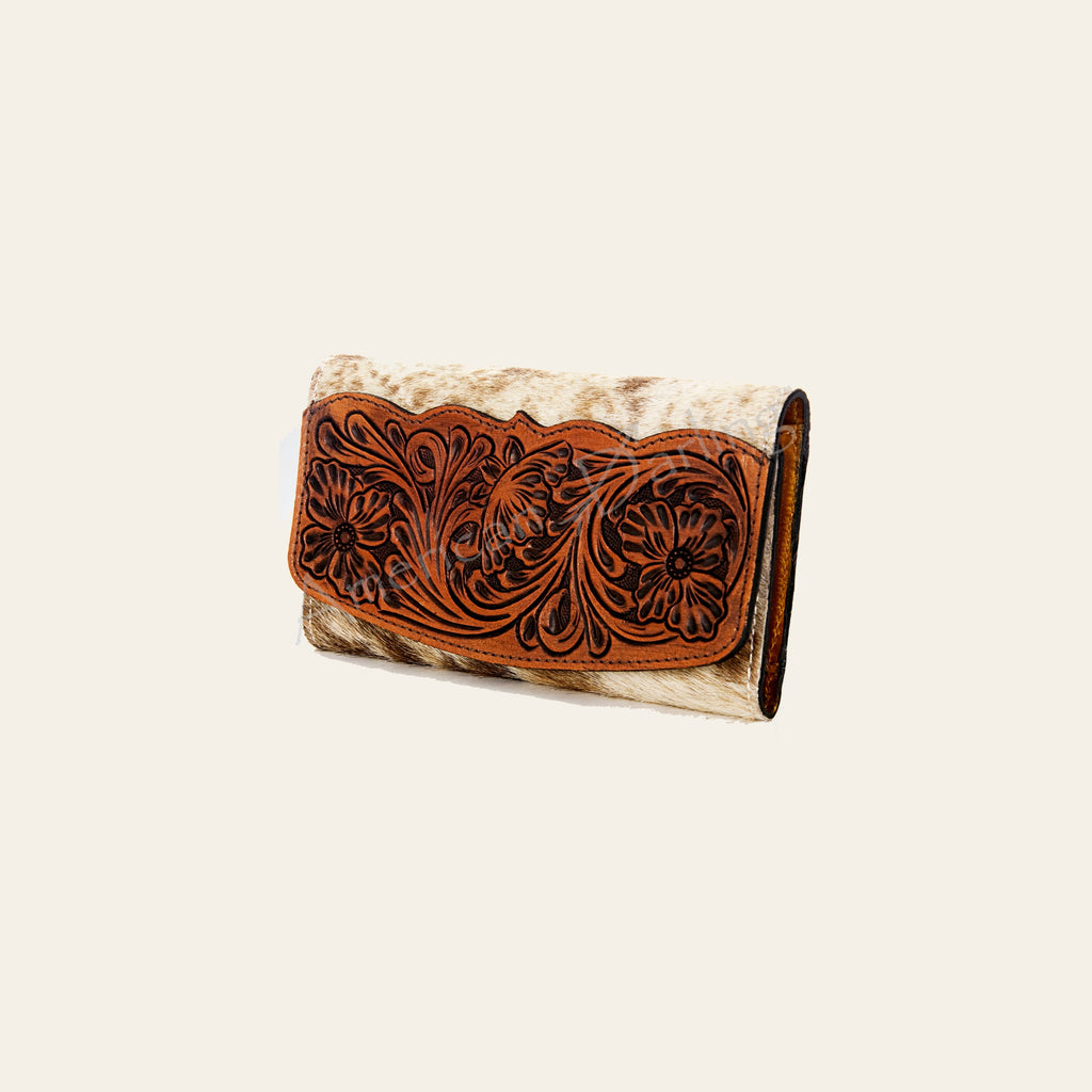American Darling Wallet Bag Hand Tooled Floral Carved Panel Hair-On Cowhide Leather Purse with YKK Zipper
