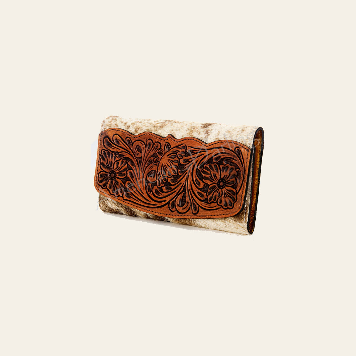 American Darling Wallet Bag Hand Tooled Floral Carved Panel Hair-On Cowhide Leather Purse with YKK Zipper
