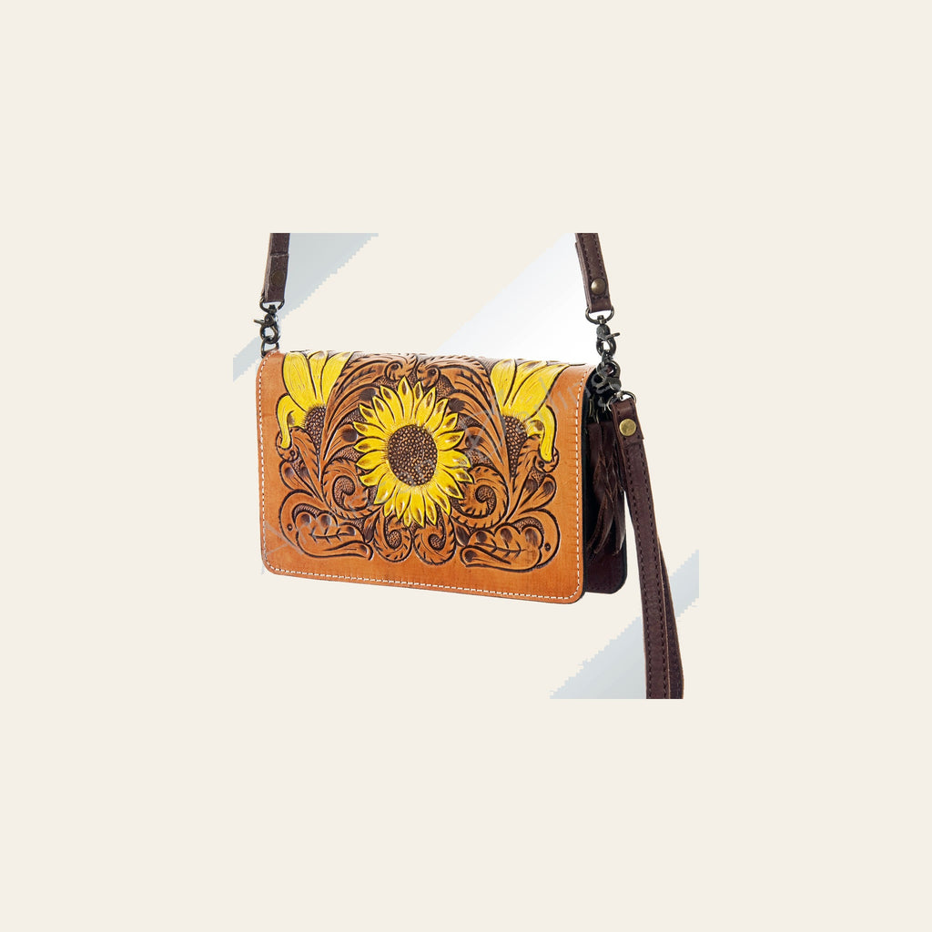 American Darling Organiser Bag Hand Tooled Floral Carved Genuine Leather Western Wallet Sunflower with YKK Zipper