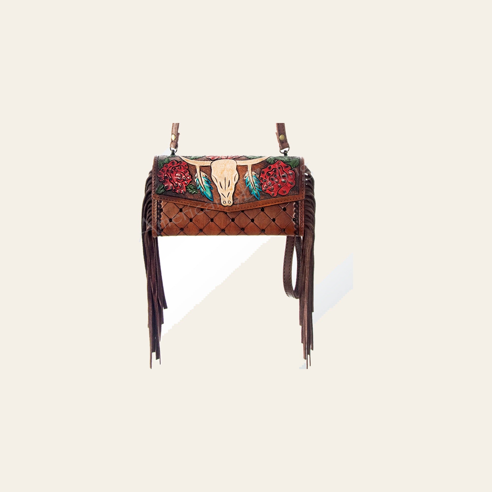 American Darling Wristlet Bag Hand Tooled Floral Carved Basket Weaving Leather Purse Fringes with YKK Zipper
