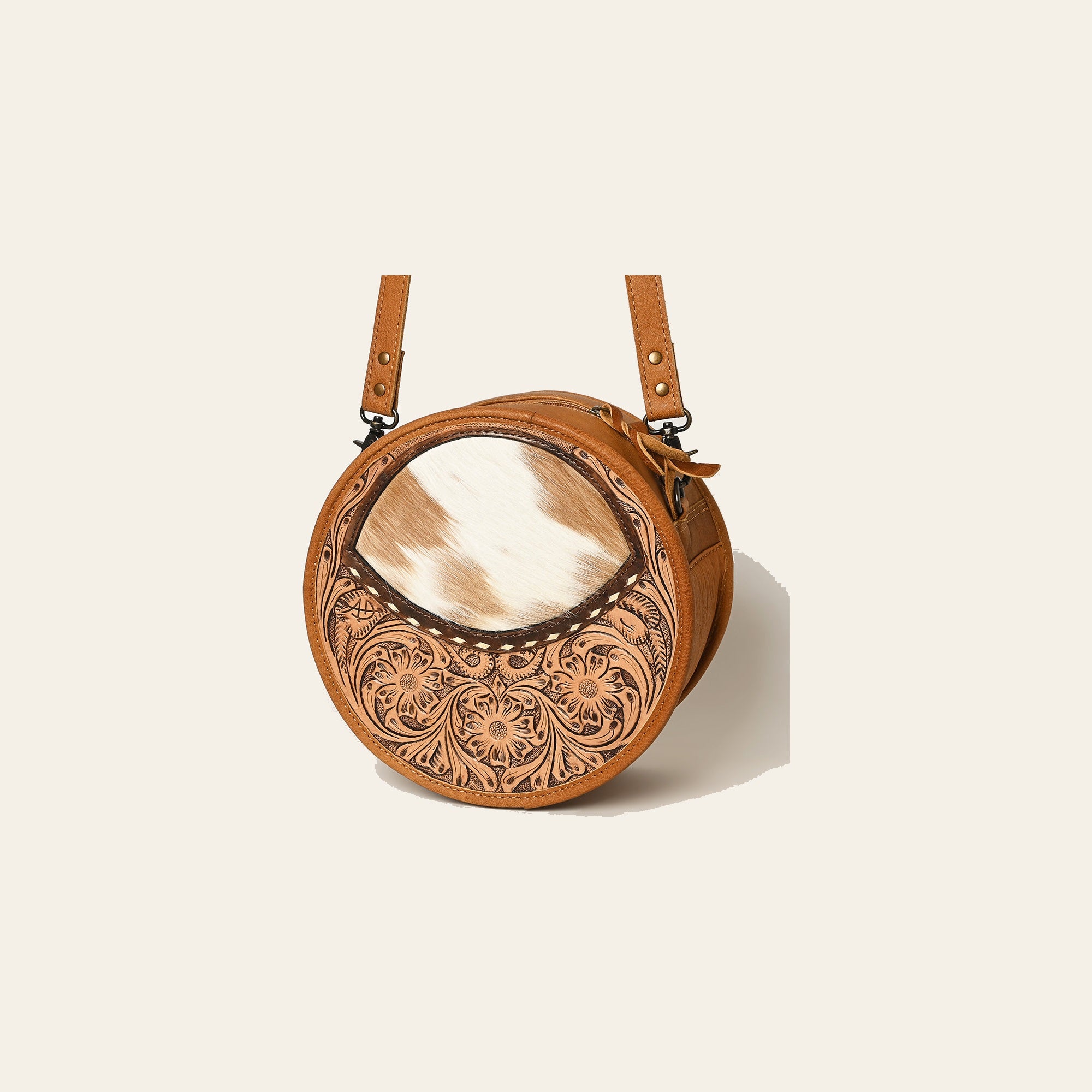 American Darling Canteen Bag Hand Tooled Floral Carved Hair-On Cowhide Genuine Leather Purse Buck stitched YKK Zipper