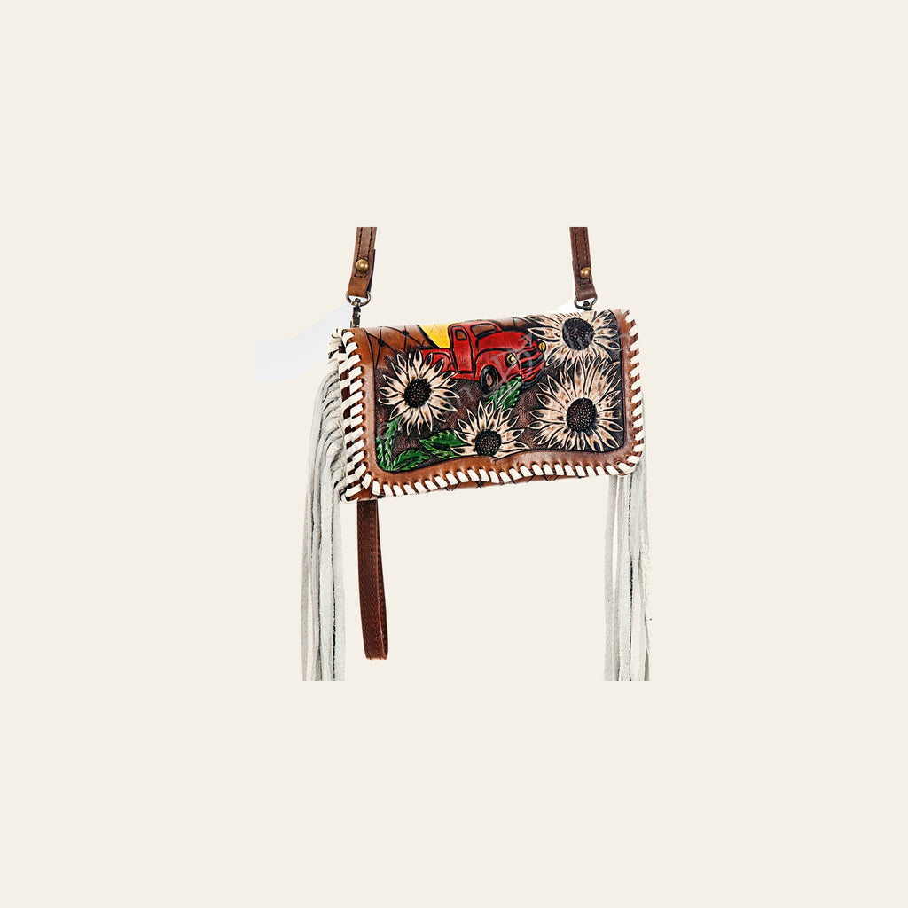 American Darling Organiser Bag Hand Tooled Floral Carved Genuine Leather Western Purse with Fringes and YKK Zipper