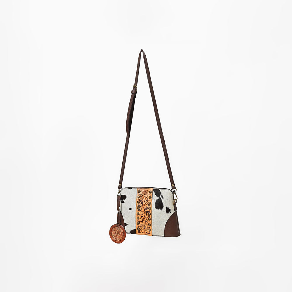 American Darling Cross body Bag Hand Tooled Floral Carved Cowhide Genuine Leather Western Purse with Rivets and YKK Zipper